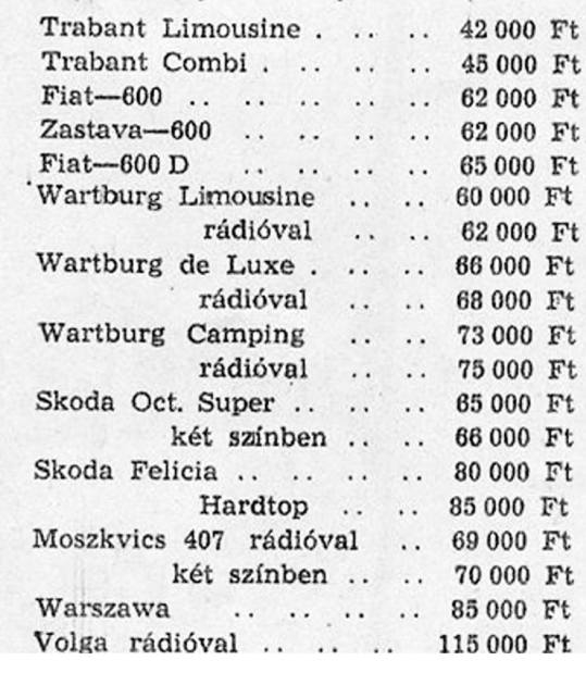 Autóárak a 70-es évekből