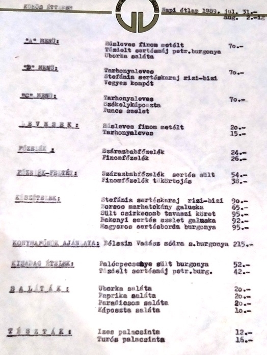 Étel- és itallap 1989-ből